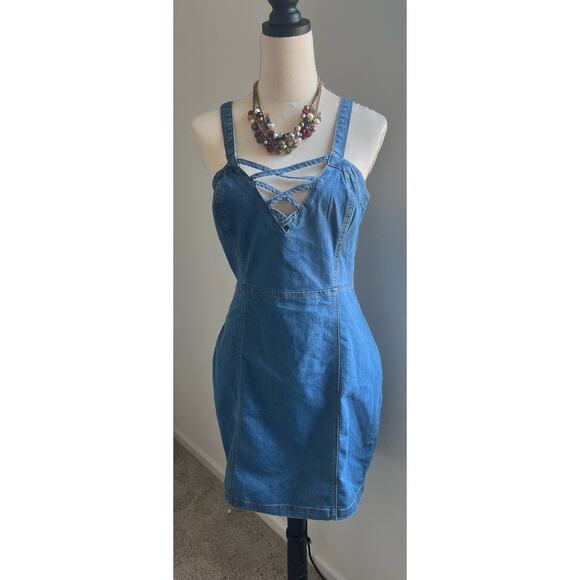 Derek Heart Denim Spaghetti Strap Criss Cross Front Above Knee Stretch Dress XL - Picture 1 of 6